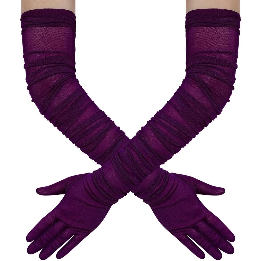 Women's Plum Stretchy Tulle Spandex Mesh Sheer Satin Long Gloves Party Prom